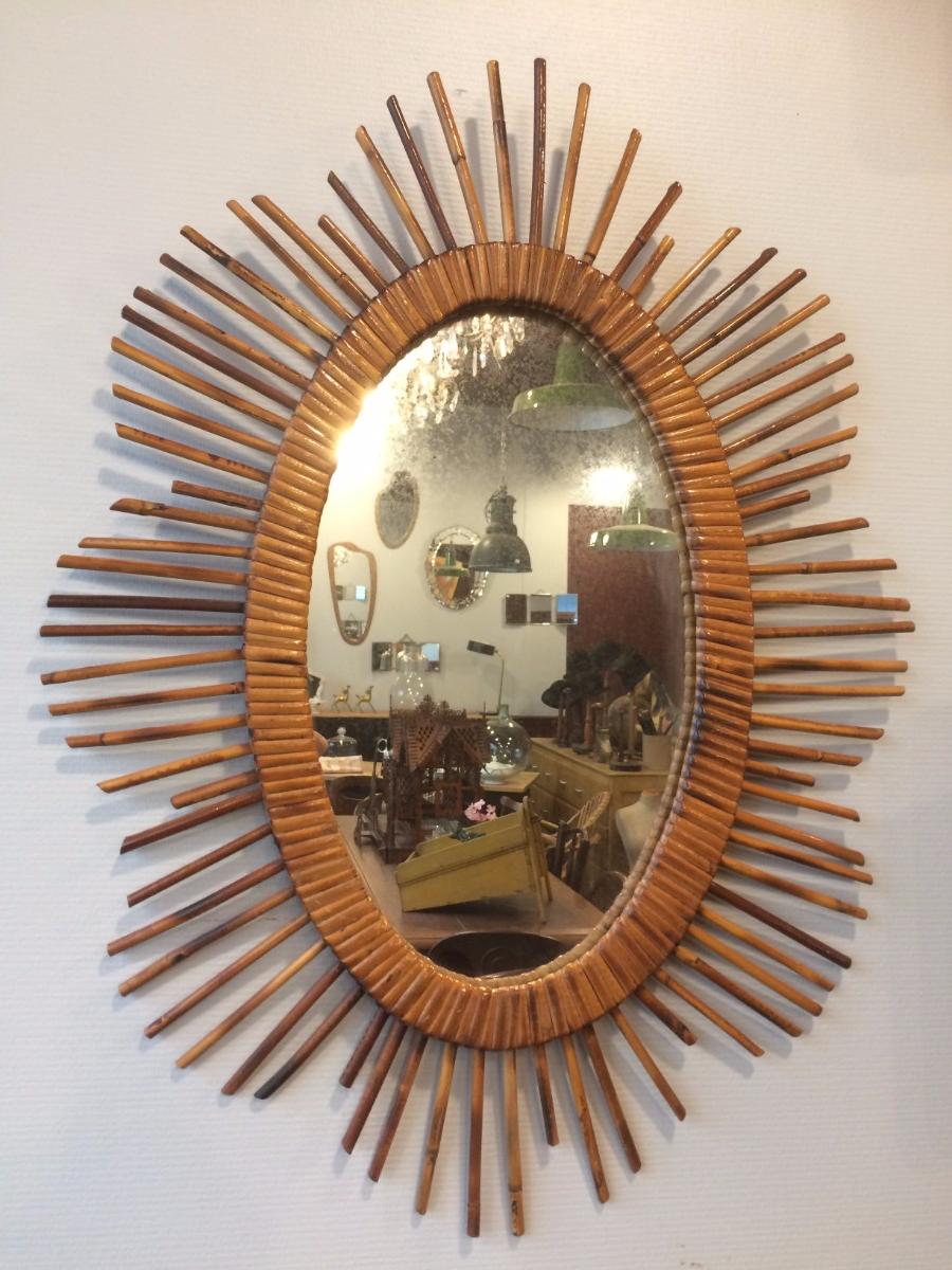 Miroir soleil en rotin vintage