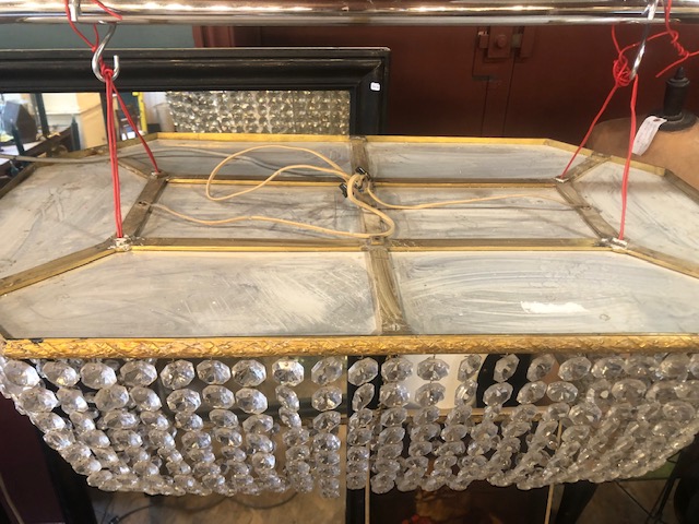 Grand lustre rectangulaire à pampilles en bronze 1900